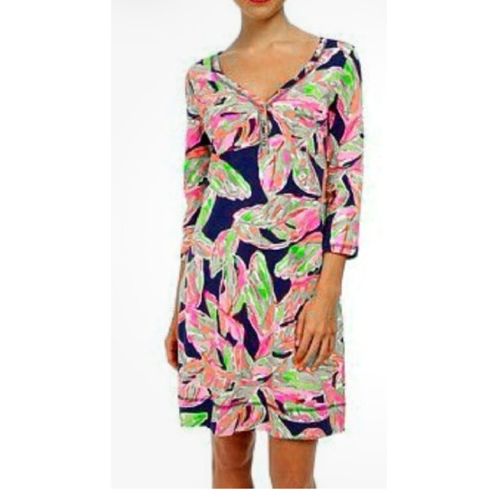Lilly Pulitzer Palmetto V-Neck Pima Cotton Dress Pink Green‎ Tropical Leaf XL